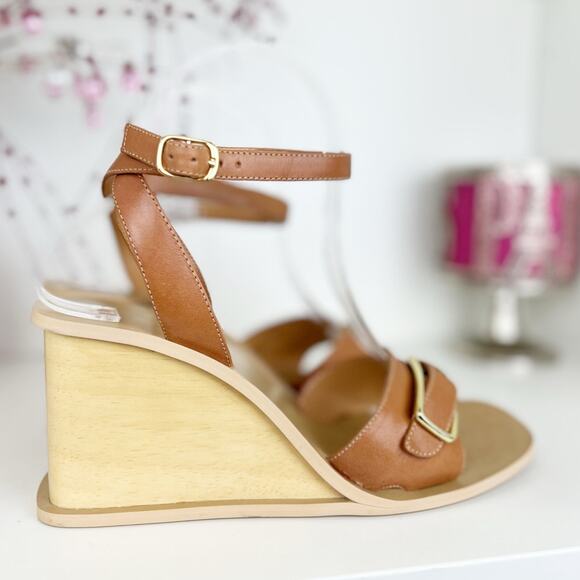 Lord & Taylor NWB Brown Leather Ankle Strap Wooden Wedge Heel Sandals Size 8 M - Picture 2 of 12
